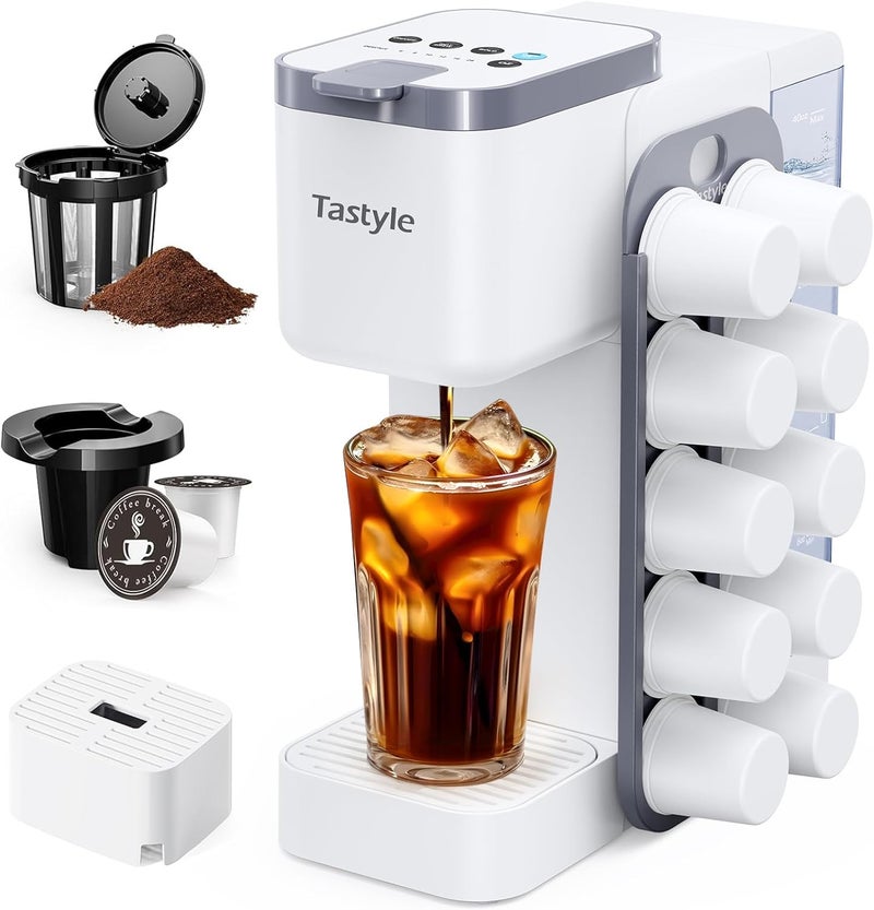 Tastyle Hot & Iced Coffee Maker with Magnetic K-Pod Organizer (Pods Not Included), Stores 10 Pods, 4-5 Cups Coffee Maker & Single-serve Brewer for K Cup & Grounds, 40oz Removable Water Tank, White - Image 1